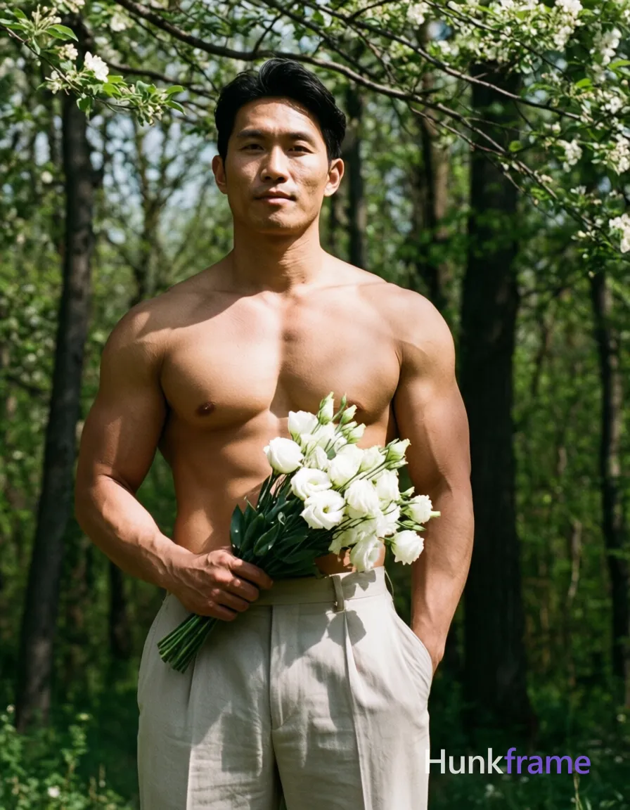 Asian man with light-medium skin standing upright in an outdoor wooded area, torso facing forward. He is shirtless revealing broad shoulders and defined pectorals while wearing light beige pleated trousers. His left hand rests casually in his pocket as he holds a bouquet of white flowers against his lower abdomen with his right hand. Natural dappled sunlight filters through flowering trees overhead creating soft highlights on highly detailed skin texture. Vertical portrait framing from head to mid-thigh, centered composition with serene romanticized mood and fine-art photography aesthetic., a single uninterrupted photograph only, no written words or typography anywhere in frame, no captions, no app UI, no social-media post layout, no screenshot borders