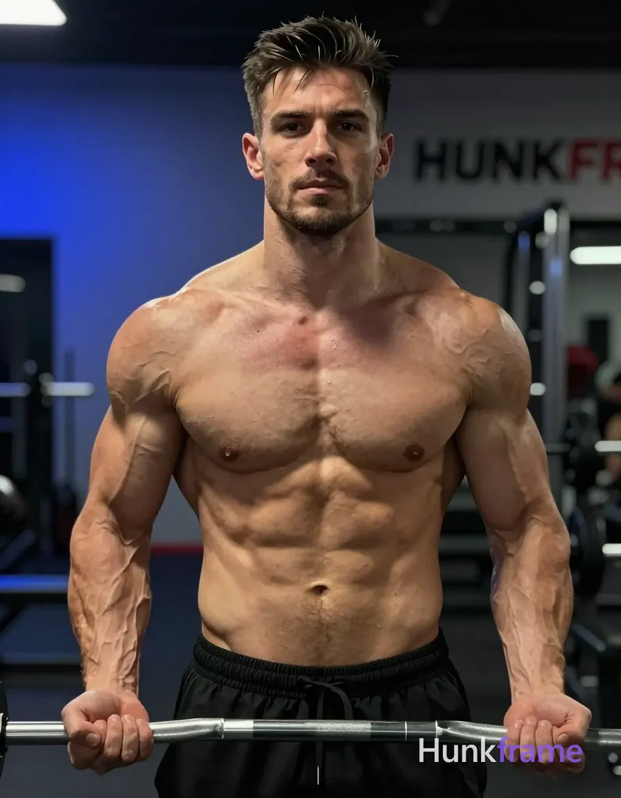 A handsome white man with tanned skin, short dark brown styled hair and side parting, light jaw stubble. He stands upright facing the camera in a waist-up crop, holding a silver barbell horizontally at his waist with both hands gripping handles near center; wrists slightly bent inward, no dynamic movement. Shirtless adult male with bare chest fully exposed showing highly muscular shoulders, defined six-pack abs, visible vascularity on thick forearms and torso. He wears black athletic shorts with waistband below navel. Setting is a gym interior with weight racks blurred in background by shallow depth of field; blue ambient lighting hits the left wall while dramatic directional light highlights musculature from front-left against deep blacks and grays. Vertical social-feed composition, candid lifestyle vibe. Include exactly one visible wordmark, spelled exactly "HUNKFRAME", on the sign in the composition; preserve its appropriate typography and scale. No other visible text, logo, caption, username, hashtag, comment, watermark, or UI chrome., a single uninterrupted photograph only, no written words or typography anywhere in frame, no captions, no app UI, no social-media post layout, no screenshot borders