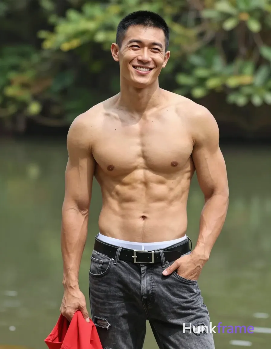 Asian man with light tan skin and short black buzz cut stands upright outdoors near water, smiling broadly with slight head tilt to right; Shirtless adult displaying broad shoulders, defined pectorals, six-pack abs, visible vascularity on arms; dark grey distressed jeans with belt loops and silver buckle, black leather belt, white underwear waistband visible above pants; Right hand holds red garment at hip level while left hand rests in pocket; Natural daylight casts soft shadows on torso against lush green foliage background; Fine-art photography portrait composition focusing on upper body from head to mid-thighs; single clean uninterrupted photograph with a cohesive editorial composition and plain continuous surrounding surfaces