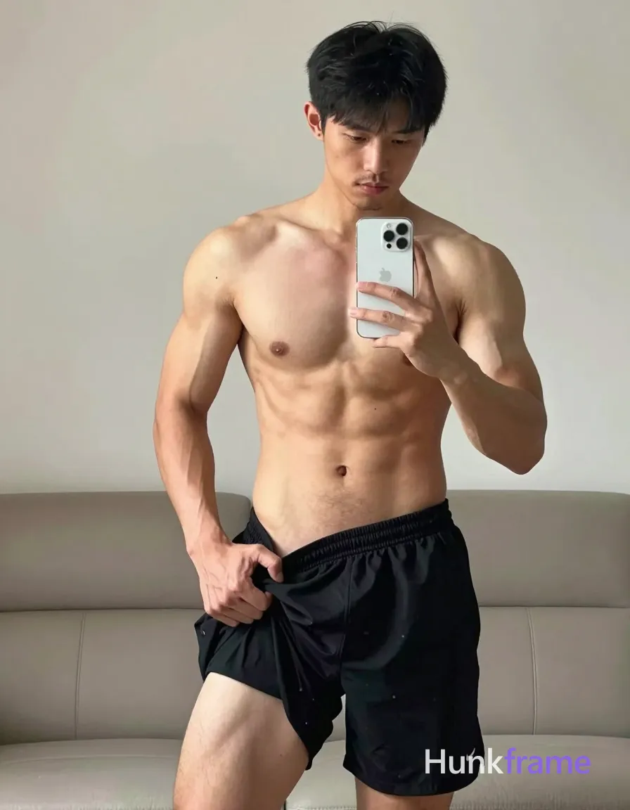 Asian adult man with light to medium tan skin and short straight black hair stands before a mirror in an indoor room; He is shirtless, displaying well-defined pectorals, deltoids, rectus abdominis definition, and vascular forearms while pulling up loose-fitting black athletic shorts that reach mid-thigh length; the waistband sits high on his right thigh as he grips it with curled fingers to adjust fabric upward slightly; His left hand holds a white smartphone steady for the mirror shot, capturing a focused, slightly serious gaze directed at the screen; Minor stubble lines the jawline and upper lip against an oval face shape; The background reveals a portion of a light-colored sofa behind him under soft frontal illumination creating gentle shadows on his torso without harsh highlights; single clean uninterrupted photograph with a cohesive editorial composition and plain continuous surrounding surfaces