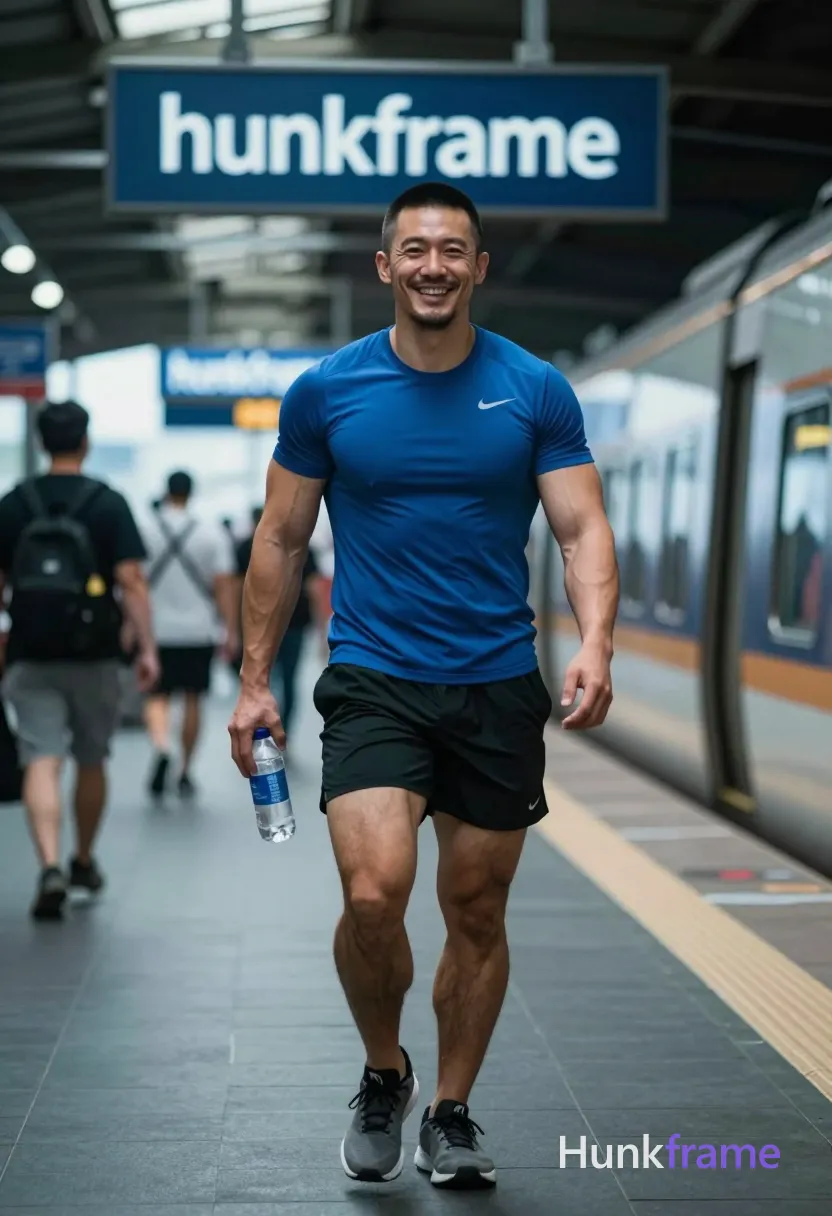 Asian man with short dark buzz cut and light stubble on upper lip, smiling broadly walking forward on train platform; Wearing blue Nike t-shirt, black athletic shorts exposing thick thighs, gray sneakers holding water bottle in right hand; Highly muscular build with defined biceps and visible vascularity under soft overhead daylight filtering through station roof; Vertical portrait crop center-left foreground against blurred passengers and trains; Shallow depth of field blurring background elements; High-resolution photo natural color grading cool blue palette dramatic directional light highlighting muscle definition confident strength athletic vitality everyday urban energy; FULL TEXT REPLACEMENT: remove every original source word, sentence, slogan, logo, and partial spelling from the text-bearing area, then replace it with only the wordmark, spelled exactly "hunkframe" on the sign in the composition; This is replacement; Preserve appropriate typography and scale, logo, caption, username, hashtag, comment, watermark, or UI chrome; single clean uninterrupted photograph with a cohesive editorial composition and plain continuous surrounding surfaces