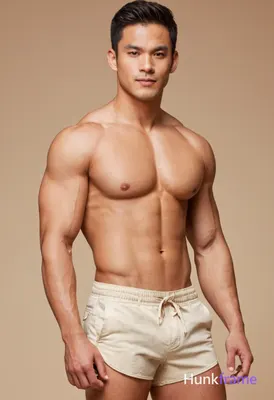 Photoreal photograph of a handsome, shirtless man with hands on hips, torso slightly angled to the s