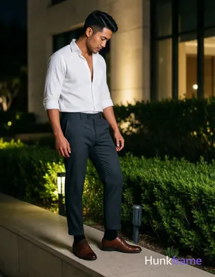 Asian man with short dark straight side-parted hair and clean-shaven face, slim build standing casua