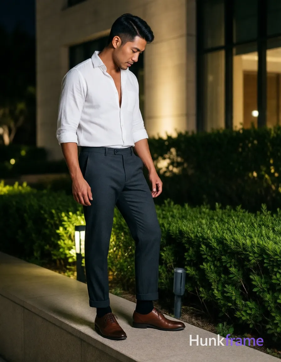 Asian man with short dark straight side-parted hair and clean-shaven face, slim build standing casually near a stone ledge outdoors at night; He wears a white long-sleeved button-up shirt sleeves rolled to forearm and dark grey tailored trousers cuffed at ankle over black socks and brown leather shoes; waistband mid-thigh on left side as he looks down slightly; Downward gaze focused on foot against illuminated modern building facade and manicured greenery; Fine-art photography aesthetic, dramatic artificial ambient lighting from ground fixtures, sophisticated polished mood, vertical portrait composition centered full-body shot, same aesthetic theme and photo feel as the reference but a different man in a different pose with distinct body proportions, Moroccan man, deep tan, dark curls, defined abs natural not exaggerated; single clean uninterrupted photograph with a cohesive editorial composition and plain continuous surrounding surfaces