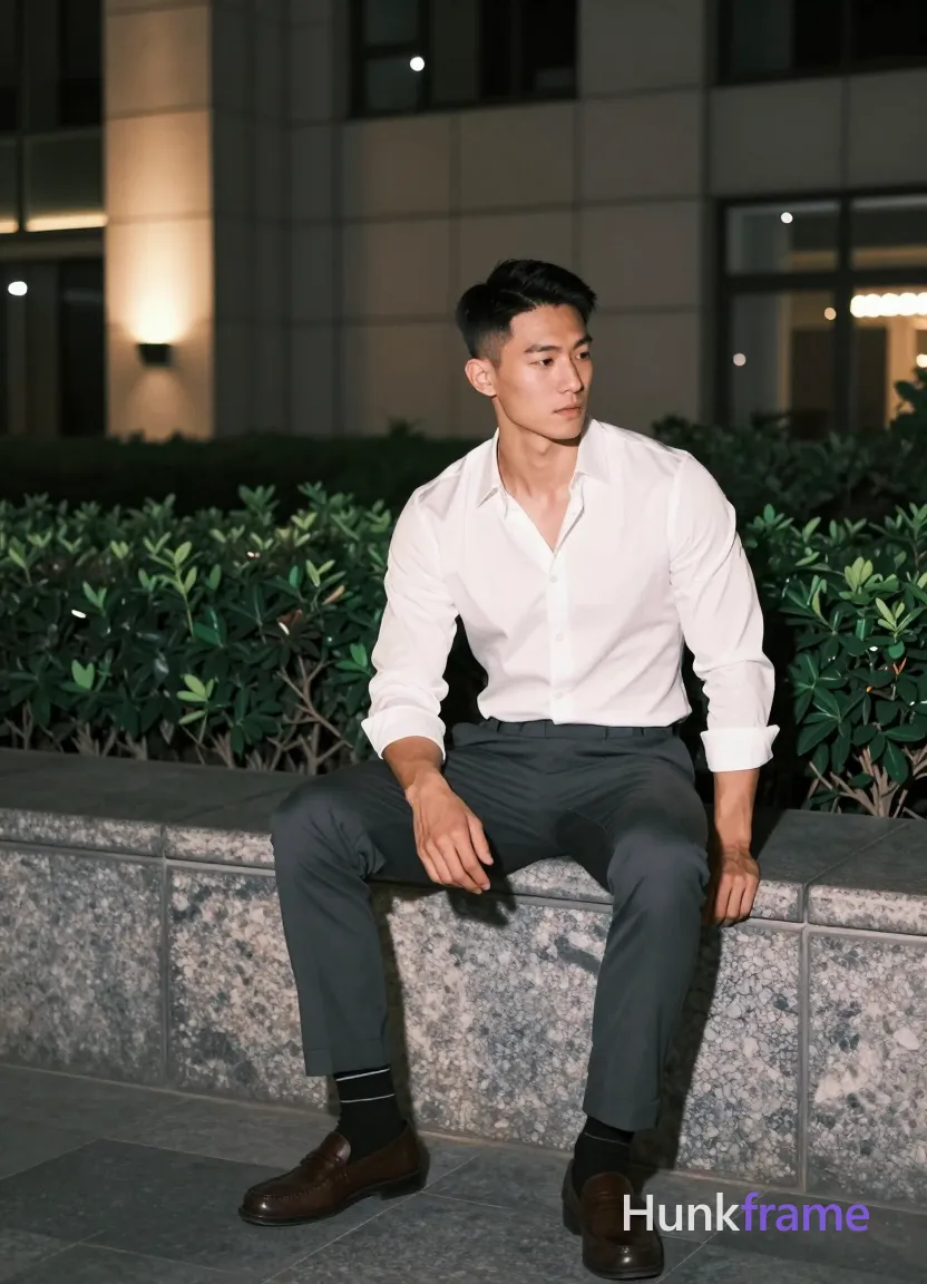 Asian man with short black straight side-parted hair and clean-shaven face, neutral pensive gaze looking downward left; Seated on wide stone ledge right leg crossed over left knee torso angled forward slightly head turned toward camera eyes away wearing white long-sleeve button-up shirt unbuttoned top two buttons dark grey slim-fit trousers cuffed hems black socks with white stripe detail brown leather loafers fully clothed adult broad shoulders defined biceps thick thighs; Outdoor urban night scene modern building facade background manicured greenery shrubs surrounding subject artificial ambient lighting at night soft directional light illuminating front from left side warm accent lights visible on building wall behind fine-art photography fashion editorial aesthetic dramatic nighttime lighting sculpted pose composition full-body shot head to feet center-right composition seated stone bench structure iconic masculine man bold flat-color poster wall-art graphic design high-contrast color blocking clean vector line no text, same aesthetic theme and photo feel as the reference but a different man in a different pose with distinct body proportions, Irish; single clean uninterrupted photograph with a cohesive editorial composition and plain continuous surrounding surfaces