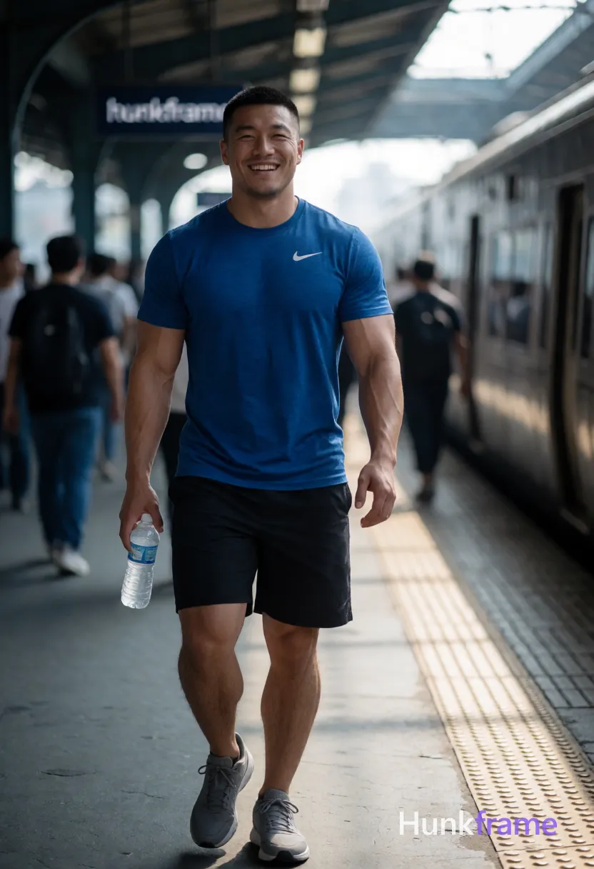 Heavily muscular adult man with substantial muscle mass, wide shoulders, thick neck, large chest and arms, powerful thighs, and dense bodybuilding proportions; Asian man with short dark buzz cut and light stubble on upper lip, smiling broadly walking forward on train platform; Wearing blue Nike t-shirt, black athletic shorts exposing thick thighs, gray sneakers holding water bottle in right hand; Highly muscular build with defined biceps and visible vascularity under soft overhead daylight filtering through station roof; Vertical portrait crop center-left foreground against blurred passengers and trains; Shallow depth of field blurring background elements; High-resolution photo natural color grading cool blue palette dramatic directional light highlighting muscle definition confident strength athletic vitality everyday urban energy; FULL TEXT REPLACEMENT: remove every original source word, sentence, slogan, logo, and partial spelling from the text-bearing area, then replace it with only the wordmark, spelled exactly "hunkframe" on the sign in the composition; This is replacement; Preserve appropriate typography and scale, logo, caption, username, hashtag, comment; single clean uninterrupted photograph with a cohesive editorial composition and plain continuous surrounding surfaces