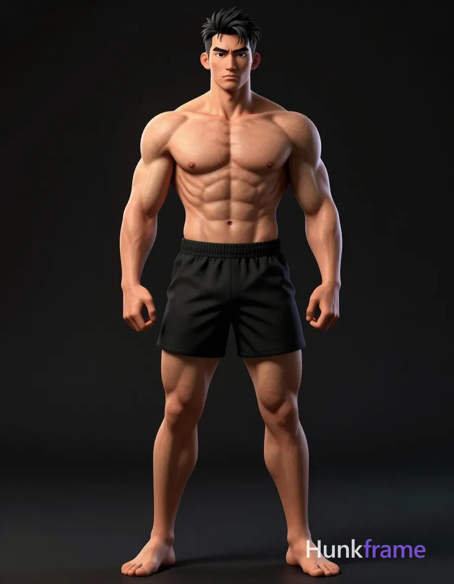 Polished anime style illustration of an Asian man with medium-dark skin and short black hair standing full-body against a solid black background. He is shirtless wearing black athletic shorts, displaying highly muscular anatomy including defined abs, broad shoulders, and thick thighs. His hands rest on the waistband area while he faces forward with a serious direct gaze. High-quality 2.5D rendering captures dramatic side lighting highlighting skin tones and sculpted muscles., same aesthetic theme and photo feel as the reference but a different man in a different pose with distinct body proportions, Chinese man, light tan skin, high cheekbones, lean wiry martial-arts physique, a single uninterrupted photograph only, no written words or typography anywhere in frame, no captions, no app UI, no social-media post layout, no screenshot borders
