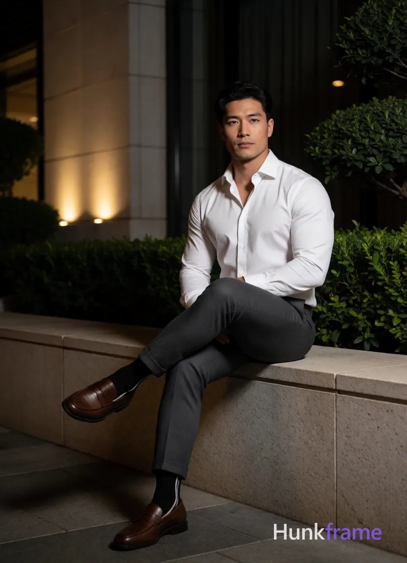 Heavily muscular adult man with substantial muscle mass, wide shoulders, thick neck, large chest and arms, powerful thighs, and dense bodybuilding proportions; Asian man with short black straight side-parted hair and clean-shaven face, seated on wide stone ledge right leg crossed over left knee; Wearing white long-sleeve button-up shirt unbuttoned at top two buttons, dark grey slim-fit trousers with cuffed hems, black socks with white stripe detail, brown leather loafers; Broad shoulders, defined biceps, thick thighs; Outdoor urban night scene with modern building facade and manicured greenery; Soft directional light from left side illuminating front of subject against warm accent lights on wall behind; Fine-art photography fashion editorial aesthetic dramatic nighttime lighting sculpted pose composition full-body shot center-right sophisticated calm contemplative mood, same aesthetic theme and photo feel as the reference but a different man in a different pose with distinct body proportions, Mediterranean Italian man, olive skin, wavy dark hair, heavily muscular surfer body; single clean uninterrupted photograph with a cohesive editorial composition and plain continuous surrounding surfaces