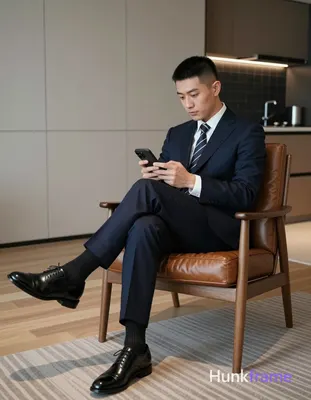 Asian man with short black straight hair, neat side part, clean-shaven head and neck; Seated in brow