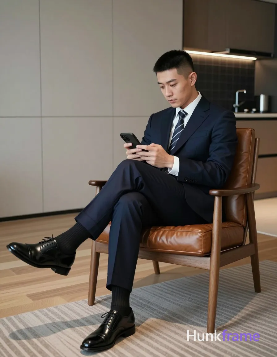 Asian man with short black straight hair, neat side part, clean-shaven head and neck; Seated in brown leather armchair with wooden frame, right leg crossed over left knee, torso leaning back relaxedly, head tilted downward toward phone held in both hands at chest level holding a black smartphone; Wearing dark navy blue single-breasted suit jacket with notched lapel, white collared dress shirt buttoned to neck, patterned dark tie with diagonal stripes in black and white/grey tones, matching navy trousers cuffed at ankle, black ribbed socks pulled up mid-calf, shiny black patent leather lace-up oxford shoes; Modern indoor space with light wood flooring, beige wall paneling, striped rug under chair, kitchen area visible in background featuring dark tiled backsplash and stainless steel fixtures; Soft ambient lighting from ceiling casting gentle shadows on floor and furniture, subtle backlighting from kitchen strip lights creating cool-toned glow behind subject; Palette of navy blue, black, white, brown leather tones, beige wood, grey rug patterns; Mood calm, composed, sophisticated, contemplative; Fine-art photography; single clean uninterrupted photograph with a cohesive editorial composition and plain continuous surrounding surfaces