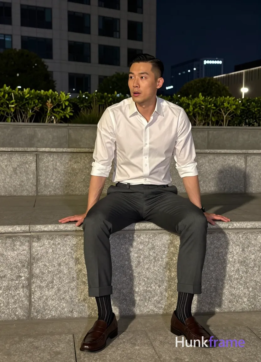 Asian man with short black side-parted slick-back hair and clean-shaven face, neutral to slightly surprised expression mouth open; Fully clothed lean build seated sideways on wide stone ledge outdoors at night; White long-sleeve button-up shirt sleeves rolled mid-forearm over dark grey slim-fit trousers cuffed ankles; Left leg extended foot flat ground right knee bent resting on ledge torso leaning forward hands on thighs support; Black striped socks with white vertical stripes brown leather loafers; Modern high-rise building background manicured greenery stone steps artificial ambient lighting soft shadows fine-art photography aesthetic dramatic nighttime lighting polished confident urban sophistication full-body centered portrait 13:19; single clean uninterrupted photograph with a cohesive editorial composition and plain continuous surrounding surfaces