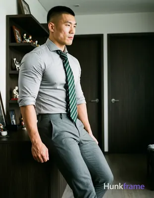 Asian man with short buzz cut and clean-shaven face standing in a modern apartment interior, torso a