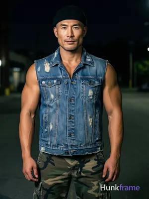 Photograph of exactly 1 adult man. Man 1: asian, medium-tan, square-jawed with d