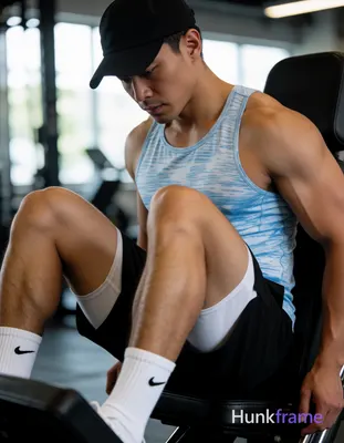 Asian man with light-medium skin seated on gym leg press in vertical portrait, legs spread wide V-sh