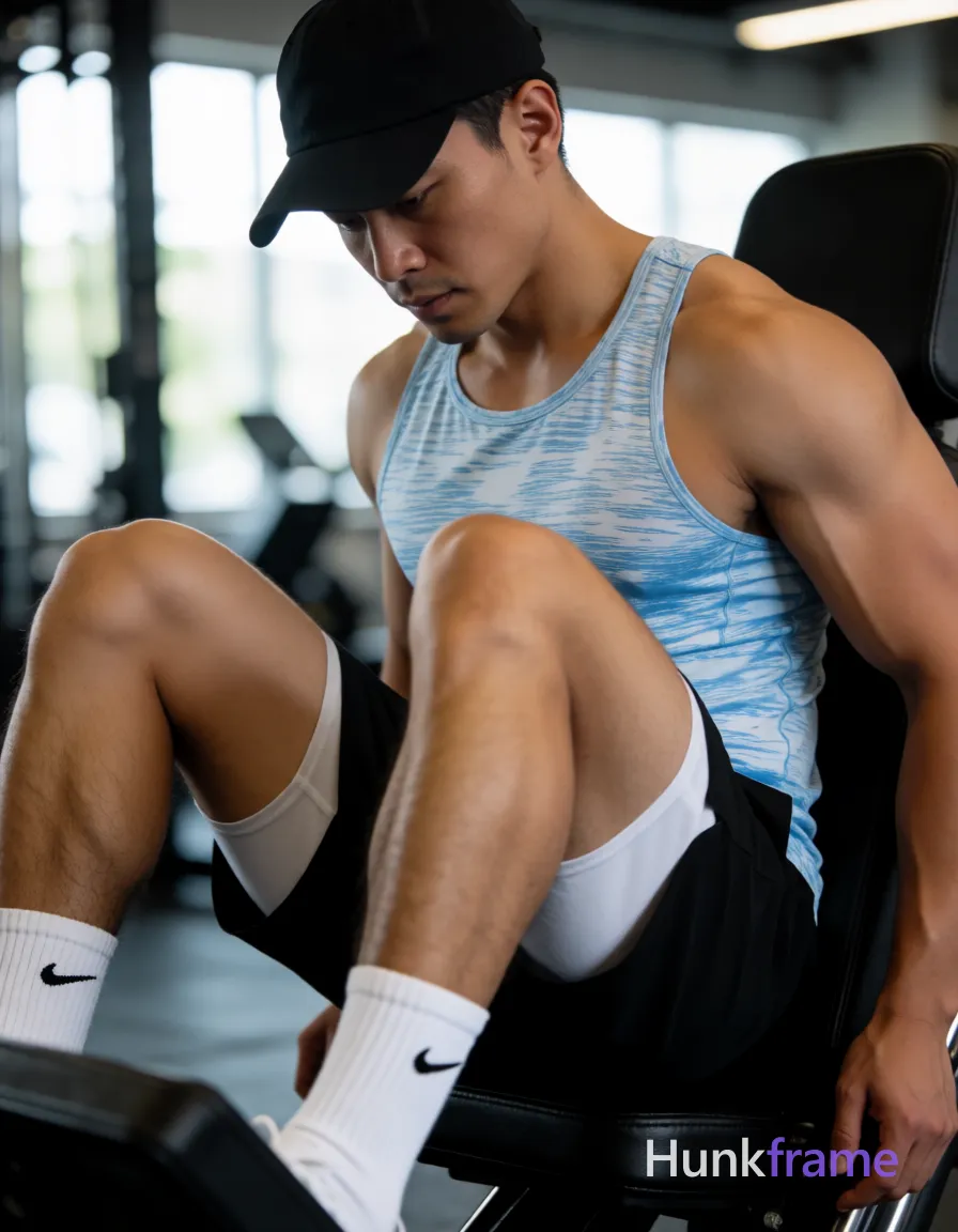 Asian man with light-medium skin seated on gym leg press in vertical portrait, legs spread wide V-shape exposing thick quadriceps and lower abdomen; He wears a black baseball cap tilted forward, a light blue and white patterned compression tank top clinging to broad shoulders and defined pectorals, black athletic shorts showing white inner lining at hemline, and white crew socks with small black Nike swoosh logos near ankles; Full arms including biceps are bare; hands rest lightly on inner thighs near knee caps; Neutral focused downward gaze under soft directional light from the left highlighting right shoulder against a blurred gym background with daylight windows; Slight motion blur edges for dynamic feel, high contrast between skin and dark clothing; single clean uninterrupted photograph with a cohesive editorial composition and plain continuous surrounding surfaces