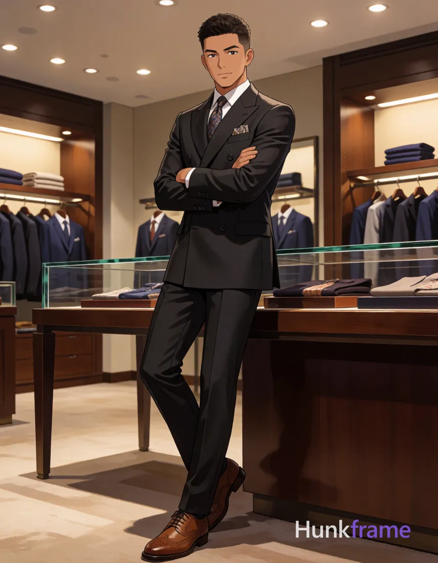 an anonymous figure man with light to medium tan skin and short textured crop cut hair, clean-shaven chin with light upper lip stubble, standing upright leaning against glass display counter in luxury menswear boutique; Arms crossed tightly over chest, weight shifted slightly left leg, right foot flat while left foot obscured behind edge; Wearing dark charcoal double-breasted suit jacket with peak lapels and buttoned front, matching slim-fit trousers in same fabric, white dress shirt collar visible at neckline, patterned silk tie knotted neatly, pocket square folded crisply in left breast pocket, brown leather brogue shoes with wingtip detailing; Polished anime 2.5D next-gen game art style with expressive face and athletic anatomy, high-quality character rendering; Vertical 13:19 aspect ratio, warm ambient lighting with recessed ceiling fixtures illuminating space evenly, clean lines and controlled depth of field, same aesthetic theme and photo feel as the reference but a different man in a different pose with distinct body proportions, lean Korean man, sharp jaw, monolid eyes, slim swimmer build, natural; single clean uninterrupted artwork with a cohesive composition and plain continuous surrounding surfaces