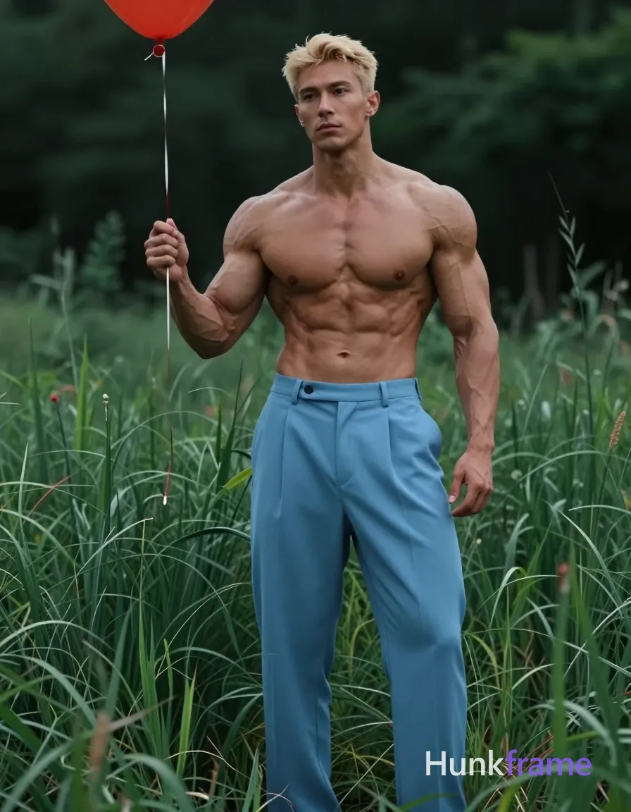 A muscular adult man with light skin and short styled blonde hair stands upright in tall grass, facing forward with a slight torso rotation to the left. He is shirtless revealing broad shoulders, defined pectorals, visible abdominal musculature, and thick thighs, wearing light blue pleated trousers with waistband visible but no belt. His right arm bends holding a red balloon string near his waist while his left arm relaxes at his side. The full-body shot captures him from head to mid-thighs in the center-right of the frame against softly blurred green foliage. Dramatic directional lighting highlights defined anatomy and confident strength with cool cinematic color grading., a single uninterrupted photograph only, no written words or typography anywhere in frame, no captions, no app UI, no social-media post layout, no screenshot borders