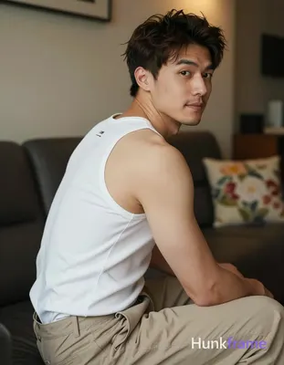 Asian man with light-medium skin, dark brown short hair styled with volume on top, clean-shaven face