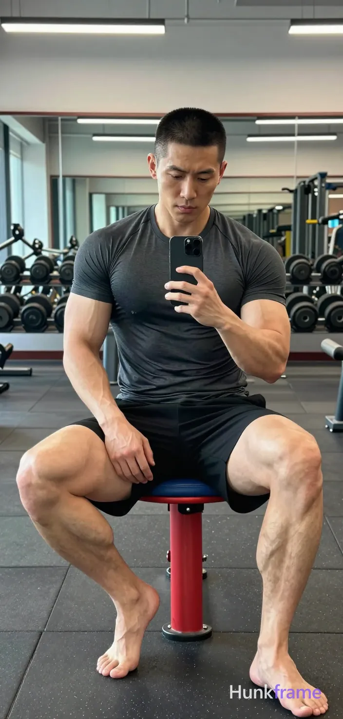 Asian man, light-medium skin tone, short black buzz cut straight texture high forehead clean hairline, clean-shaven face neutral pensive gaze at phone screen; Seated on red stool with blue cushion gym interior right leg bent foot flat floor left leg crossed over right knee left hand resting on left thigh holding black smartphone mirror selfie action dark grey fitted short-sleeve t-shirt covering torso completely black athletic shorts ending mid-thigh fully clothed broad shoulders defined biceps triceps thick thighs visible quadriceps definition; Gym equipment dumbbell rack mirrors background grey rubber flooring overhead fluorescent lighting even illumination rugged warm confidence bear energy vertical portrait 13:19 aspect ratio, shot on iPhone 15 Pro main camera, authentic smartphone computational photography, natural Smart HDR, vertical 9:16 Xiaohongshu lifestyle post, bright clean gym or cafe scene, wardrobe matching reference outfit, confident everyday blogger pose, phone photo with natural grain, phone held naturally in one hand for selfie, phone visible in frame; single clean uninterrupted photograph with a cohesive editorial composition and plain continuous surrounding surfaces