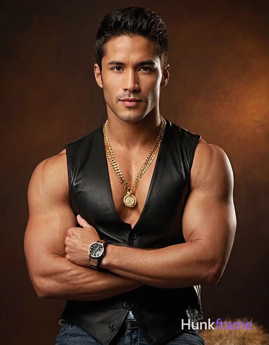 shirtless man with muscular build, arms crossed over chest, hand resting on fur collar, head slightly tilted forward, broad shoulders, defined abs, wearing black fur vest, gold watch and necklace, ring on left hand, seated pose, torso crop, soft warm lighting, dark background, romantic aesthetic, tack-sharp image quality, vertical portrait orientation, 896x1152 canvas