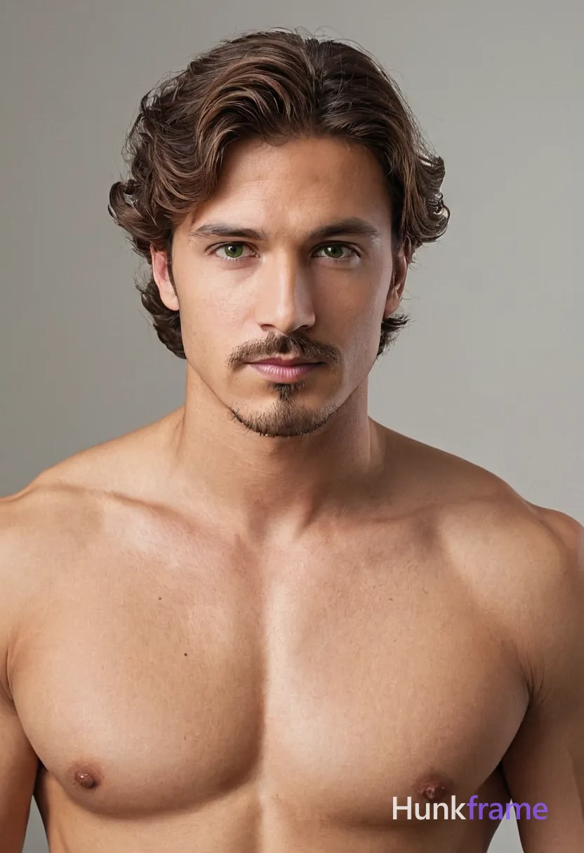 digital painting of a handsome male with long wavy brown hair and side-swept bangs, green eyes, mustache and goatee. He is standing with his head slightly tilted forward, looking directly at the viewer with a serious expression. The subject wears a white crew neck t-shirt that is partially visible but he is shirtless, showing broad shoulders and defined abs. Background is neutral gray creating soft lighting effect. Vertical portrait orientation in 417:625 aspect ratio