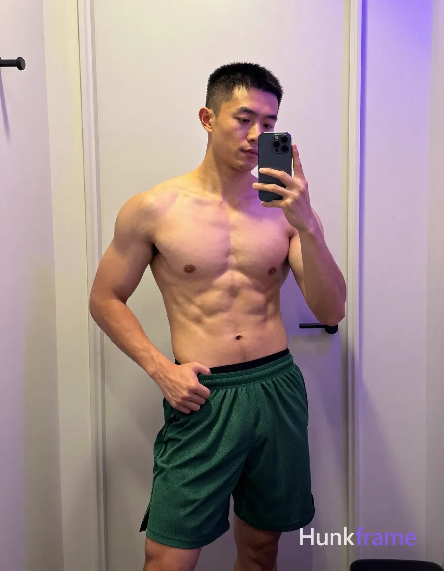 Asian man with light to medium tan skin and short buzz cut stands shirtless in a modern dressing room, broad shoulders and defined pectorals prominent; He wears green mesh athletic shorts mid-thigh length with black underwear waistband visible above; Right hand grips the waistband while left holds dark blue smartphone capturing reflection in large mirror against white door trim; Warm overhead highlights contrast cool purple ambient glow from right side; Vertical full-body shot head to mid-thighs, candid iPhone selfie energy, trendy influencer vibe, shot on iPhone 15 Pro main camera, authentic smartphone computational photography, natural Smart HDR and true-to-life skin texture, vertical 9:16 Xiaohongshu lifestyle feed, bright clean everyday scene, unretouched phone photo with subtle sensor grain, trendy Chinese internet 网红 aesthetic, candid influencer energy, phone held naturally in one hand for selfie, phone visible in frame; single clean uninterrupted photograph with a cohesive editorial composition and plain continuous surrounding surfaces