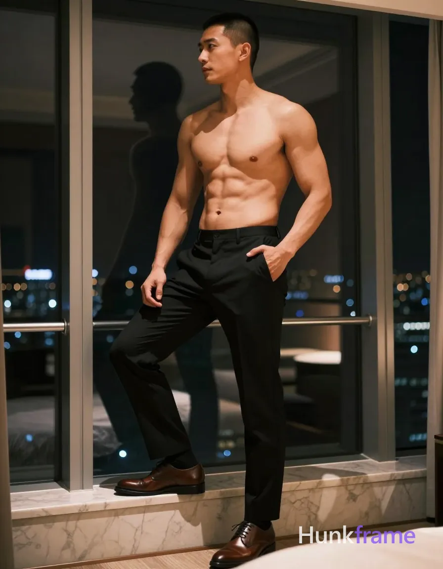 Adult man with short black buzz cut, clean-shaven face, neutral profile gaze leftward. Standing shirtless on a marble window sill ledge in a hotel room at night; right foot planted firmly, left knee bent lifting thick thighs slightly off the white bed surface. Torso angled toward camera while head turns away. Left hand inserted into front pocket of black tailored trousers, right arm relaxed along side wearing brown leather lace-up dress shoes and black socks. High-contrast chiaroscuro lighting with warm overhead fixtures casting deep shadows against dark window frames showing city skyline lights. Shallow depth of field isolates the sculpted silhouette of muscular chest, shoulders, defined abs, and thick thighs from head to mid-thighs. Premium fashion editorial aesthetic., a single uninterrupted photograph only, no written words or typography anywhere in frame, no captions, no app UI, no social-media post layout, no screenshot borders