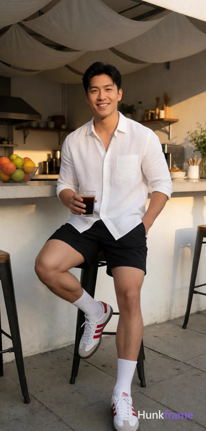 Asian man with light-medium skin and black short styled hair, clean-shaven face smiling at camera; Seated on stool legs spread apart left foot flat ground right leg bent elevated on base holding dark beverage in right hand shirtless white linen button-up open chest revealing bare torso collarbone upper abdomen wearing black athletic shorts mid-thigh white crew socks white sneakers with red stripes thick thighs defined calves confident strength posture; Outdoor cafe patio under white draped fabric ceiling counter behind fruit bowl kitchen equipment visible warm golden hour sunlight from right casting soft shadows neutral whites blacks skin tones relaxed confident mood full body shot knees up to head centered portrait photography natural depth of field; single clean uninterrupted photograph with a cohesive editorial composition and plain continuous surrounding surfaces