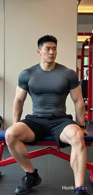 Asian muscle bear seated sideways on a red gym bench with blue cushion; He wears