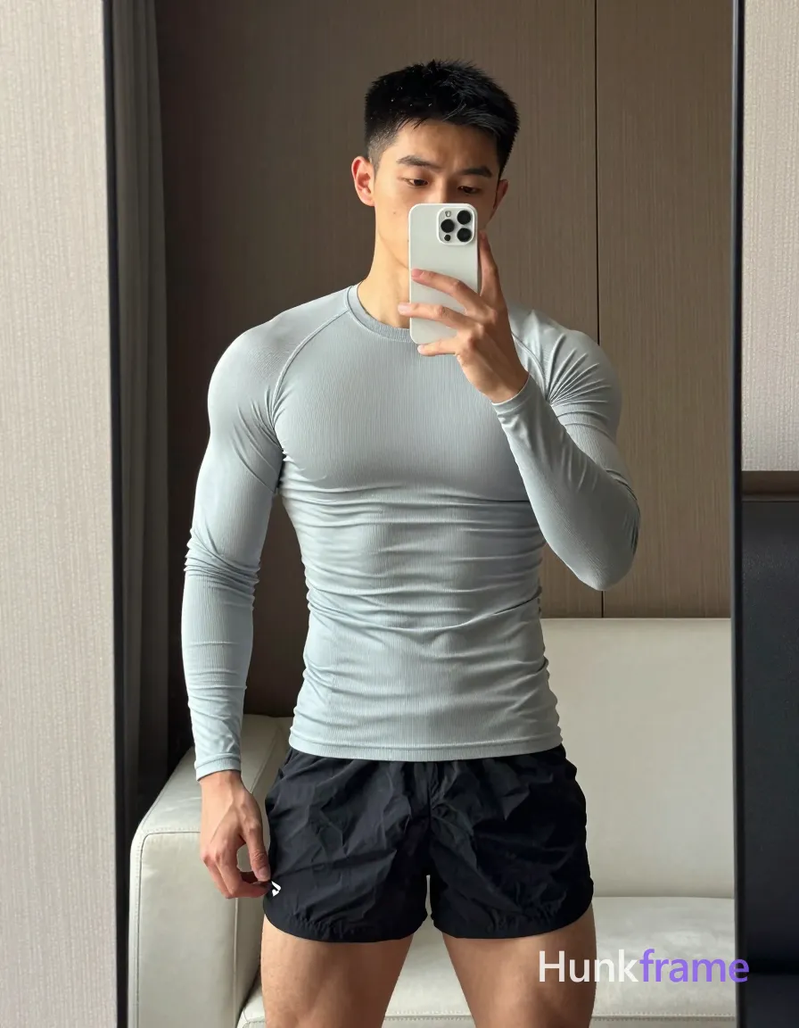 an anonymous figure man with light to medium tan skin and short black straight hair featuring a neat side parting at the temple, clean-shaven face; He stands in front of a mirror holding a white smartphone with his left hand for a selfie capture while his right arm rests relaxed by his side; He wears a tight-fitting ribbed light gray long-sleeve compression shirt and black athletic shorts with a small white logo on the lower left leg, fully clothed; His physique displays broad shoulders, defined pectorals, vascular forearms, and thick thighs visible in the frame; The setting is an indoor room with light-colored walls, dark wood paneling in the background, and a partially visible white sofa behind him; Soft ambient lighting mixed with natural daylight from the right casts subtle shadows; Vertical portrait composition centered vertically and horizontally in the mirror reflection showing full torso to mid-thigh; single clean uninterrupted photograph with a cohesive editorial composition and plain continuous surrounding surfaces