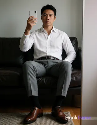 Asian man seated on dark leather sofa, legs spread apart with knees bent; Right arm raised holding w