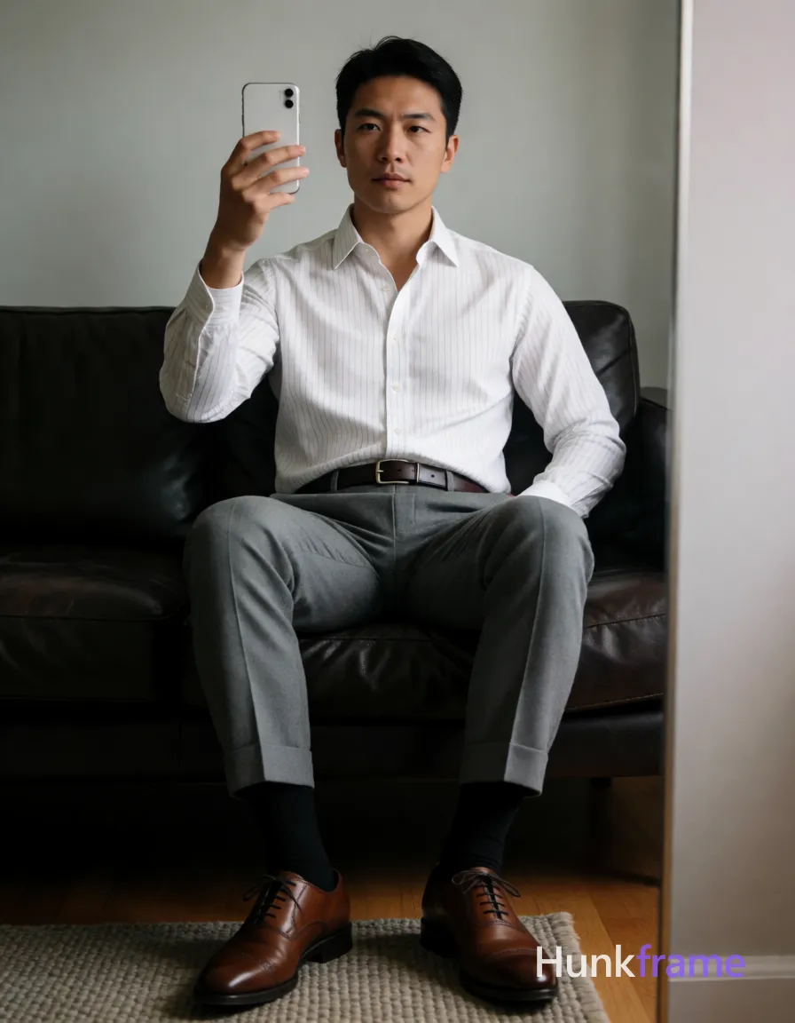 Asian man seated on dark leather sofa, legs spread apart with knees bent; Right arm raised holding white smartphone for mirror selfie at chest level; left hand resting behind back near hip; Wearing white long-sleeve button-up shirt with subtle vertical stripes, top two buttons undone revealing upper chest and collarbone, grey tailored trousers cuffed slightly above ankle, dark brown leather belt with rectangular silver buckle, black dress socks pulled up to mid-calf, brown cap-toe oxford shoes; Broad shoulders, defined pectorals, toned arms visible under shirt; Indoor room featuring light grey wall, wooden floor partially covered by textured rug, vertical mirror frame along right edge; Soft ambient indoor lighting creating gentle shadows on face and clothing folds; Clean lines, minimalist composition, full-body shot captured via mirror reflection framing showing subject occupying majority of frame from head to knees with shoes fully visible; single clean uninterrupted photograph with a cohesive editorial composition and plain continuous surrounding surfaces