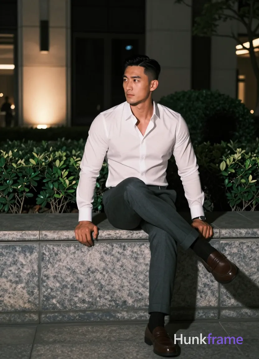Asian man with short black straight side-parted hair and clean-shaven face, seated on wide stone ledge right leg crossed over left knee; Wearing white long-sleeve button-up shirt unbuttoned at top two buttons, dark grey slim-fit trousers with cuffed hems, black socks with white stripe detail, brown leather loafers; Broad shoulders, defined biceps, thick thighs; Outdoor urban night scene with modern building facade and manicured greenery; Soft directional light from left side illuminating front of subject against warm accent lights on wall behind; Fine-art photography fashion editorial aesthetic dramatic nighttime lighting sculpted pose composition full-body shot center-right sophisticated calm contemplative mood, same aesthetic theme and photo feel as the reference but a different man in a different pose with distinct body proportions, Chinese man, light tan skin, high cheekbones, lean wiry martial-arts physique; single clean uninterrupted photograph with a cohesive editorial composition and plain continuous surrounding surfaces