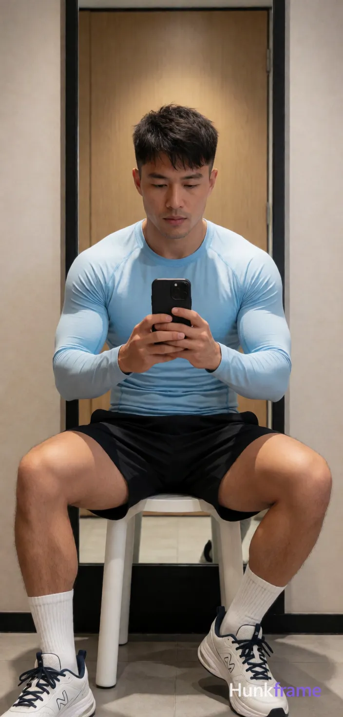 Asian man with light to medium tan skin and short dark brown hair featuring textured top, faded sides, slightly tousled front bangs falling over forehead; Clean-shaven chin and jawline; light stubble on upper lip; Focused neutral gaze directed at phone screen seated on white cylindrical stool legs spread apart torso upright leaning forward toward mirror reflection holding black smartphone in both hands at chest level thumbs positioned to operate touchscreen while looking down device screen wearing snug light blue long-sleeve compression shirt covering entire torso arms highlighting musculature, black athletic shorts ending mid-thigh revealing full leg length including thick thighs and calves white crew socks pulled up to mid-calf height on both feet white athletic sneakers with dark laces subtle branding details; Indoor dressing room tall narrow floor-to-ceiling mirror framed in black light wood paneling visible behind subject neutral beige walls flanking mirror soft directional lighting from above creating subtle shadows under chin nose even illumination across face and body highlighting muscle definition without harsh contrast clean; single clean uninterrupted artwork with a cohesive composition and plain continuous surrounding surfaces