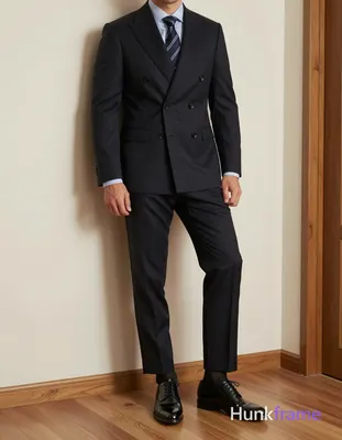 A handsome adult man in a dark navy pinstripe double-breasted suit jacket with t