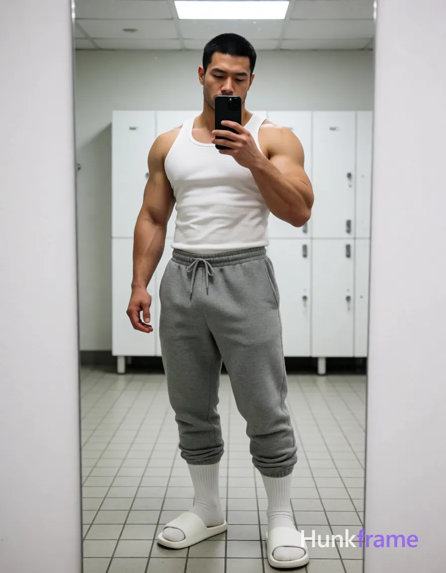 Heavily muscular adult man with substantial muscle mass, wide shoulders, thick neck, large chest and arms, powerful thighs, and dense bodybuilding proportions; Asian man with short black buzz cut and light stubble stands full-body in front of a large mirror, facing forward with slight torso rotation left; He wears a white ribbed cotton sleeveless tank top exposing broad shoulders, defined pectorals, vascular arms, and neck; grey heathered sweatpants with drawstring sit at the waist over thick thighs clad in white crew socks pulled to mid-calf and white slide sandals; Right arm bent holding black smartphone vertically against chin taking a mirror selfie while left arm relaxes by side; Indoor locker room setting with white lockers and tiled floor under overhead fluorescent lights creating even illumination and soft shadows; High contrast between skin tones and clothing, minimalist composition centered on physique within the reflection; single clean uninterrupted photograph with a cohesive editorial composition and plain continuous surrounding surfaces