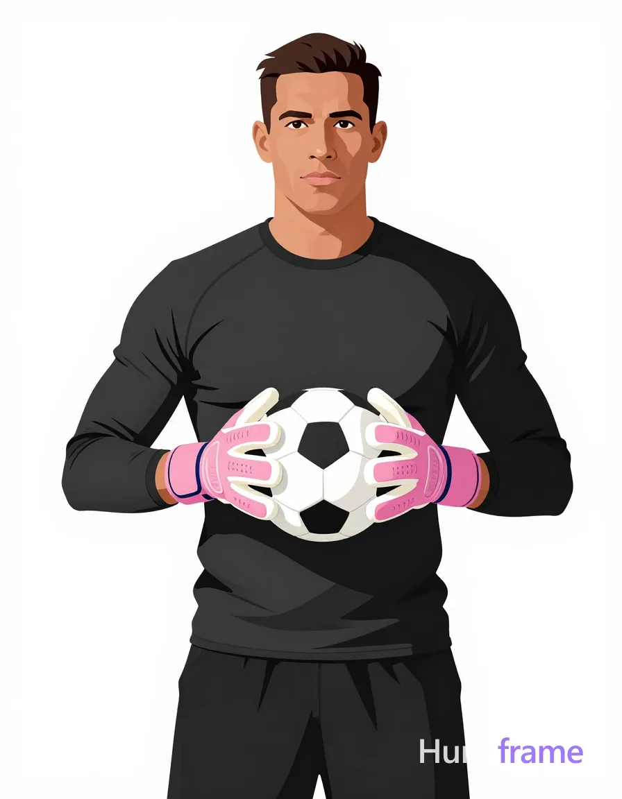 Bold flat-color wall art graphic of an adult man with medium-dark skin and short dark hair styled back, standing front-facing in a centered waist-up portrait. He wears a black long-sleeve athletic compression shirt fully covering the torso and black athletic shorts with visible waistband, hands holding a soccer ball at chest level while wearing pink goalkeeper gloves. The setting features clean vector lines separating high-contrast color blocks of dark gray skin tones against stark white background elements. Dramatic directional lighting creates strong shadows on broad shoulders and defined arms without texture noise. Serious direct gaze anchors the composition in this premium editorial poster design., a single uninterrupted photograph only, no written words or typography anywhere in frame, no captions, no app UI, no social-media post layout, no screenshot borders