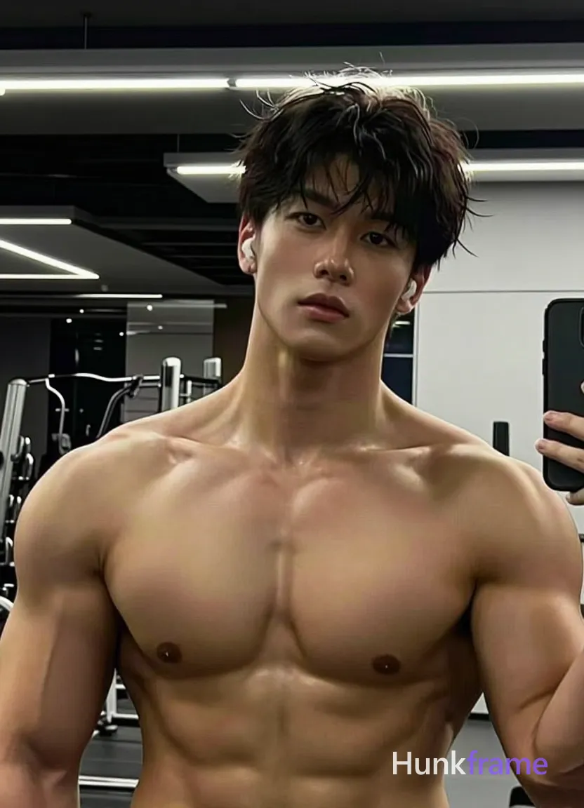 Photograph of exactly 1 adult man. Man 1: Asian, light to medium tan, oval with a defined jawline and chin, short, dark brown/black hair, slightly tousled on top with bangs falling over the forehead, straight texture, small mole on left pectoral area. Man 1 has fully exposed eyes, eyebrows, temples and nose bridge. Athletic Asian man with defined pectorals, broad shoulders. Standing upright shirtless holding phone for mirror selfie. Shirtless bare chest abdomen shoulders arms up to biceps. Vertical portrait close-up torso head centered right arm out of frame. Indoor gym mirrored walls weight racks fluorescent ceiling lights background. Overhead artificial lighting soft shadows on chest and arms naturalistic texture. Fine-art masculine portrait dramatic gym lighting sculpted physique emphasis