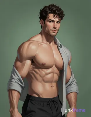 A digital painting of a shirtless man with a muscular torso leaning slightly to 