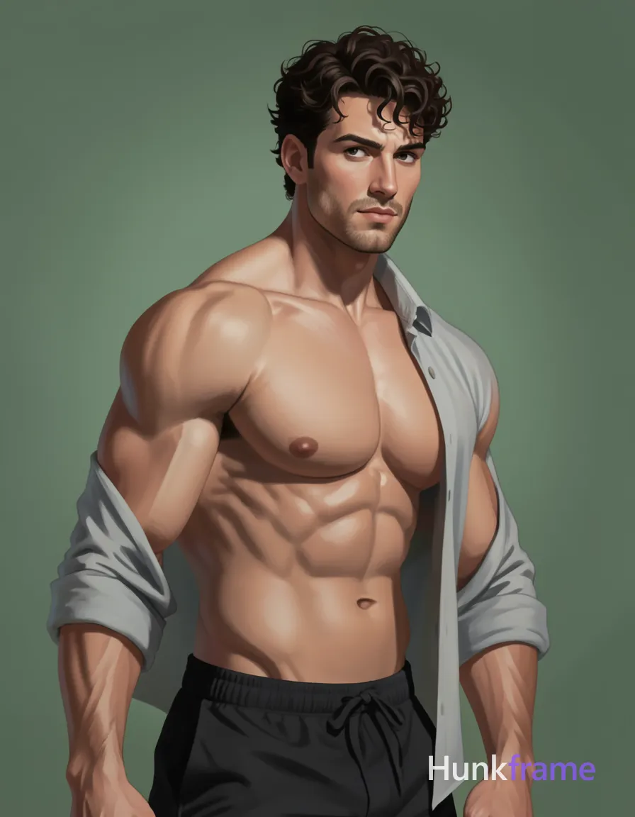 A digital painting of a shirtless man with a muscular torso leaning slightly to the side. He has broad shoulders and defined abs, his head turned towards the viewer making eye contact. The background is muted green with soft lighting creating a calm and contemplative mood. Tack-sharp quality with no face details due to head fully visible in frame. 43:50 aspect ratio vertical portrait orientation on an 896x1088 canvas
