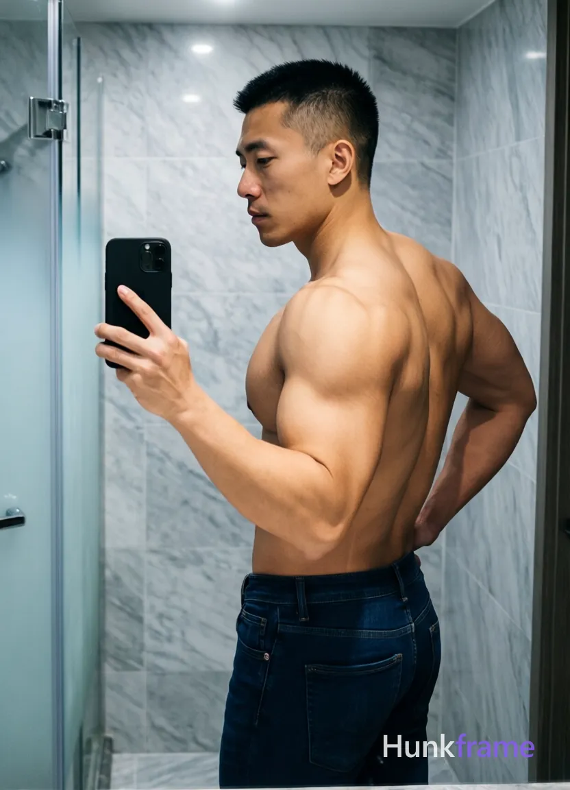 Asian man with short black buzz cut and clean-shaven face, standing sideways facing left in a high-resolution mirror selfie; He holds a black smartphone with both hands at chest level to capture the reflection while his right elbow flexes sharply showing bicep definition; left hand rests on hip; Shirtless adult male displays broad shoulders, defined lats, visible trapezius muscles, sculpted latissimus dorsi, and clear abdominal definition against light-medium skin tone; Wearing dark blue slim-fit jeans only; Setting is a bathroom interior with light gray marble-effect tiled walls and frosted glass shower door on the left edge of frame; Soft overhead artificial lighting creates subtle shadows along spine and shoulder blades; Cool grays from tiles contrast deep navy denim and natural skin tones in this premium fashion-editorial vertical portrait composition; single clean uninterrupted photograph with a cohesive editorial composition and plain continuous surrounding surfaces