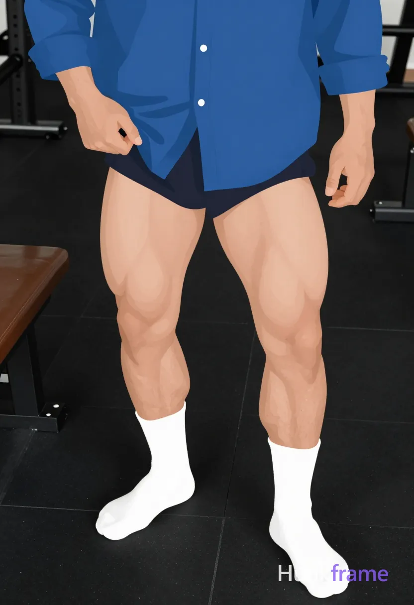 Flat-color graphic poster of exactly 1 adult man. Man 1: light to medium tan. Man 1 has fully exposed eyes, eyebrows, temples and nose bridge. Thick thighs, defined quadriceps on black rubber gym floor. Right hand pulls dark shorts waistband while left leg extends forward. Blue long-sleeve button-up shirt partially open with white crew socks. Vertical portrait crop focusing on lower body from thighs to feet. Indoor gym space featuring black rubber tiles, brown leather bench edge. Soft directional light highlights leg musculature against dark background