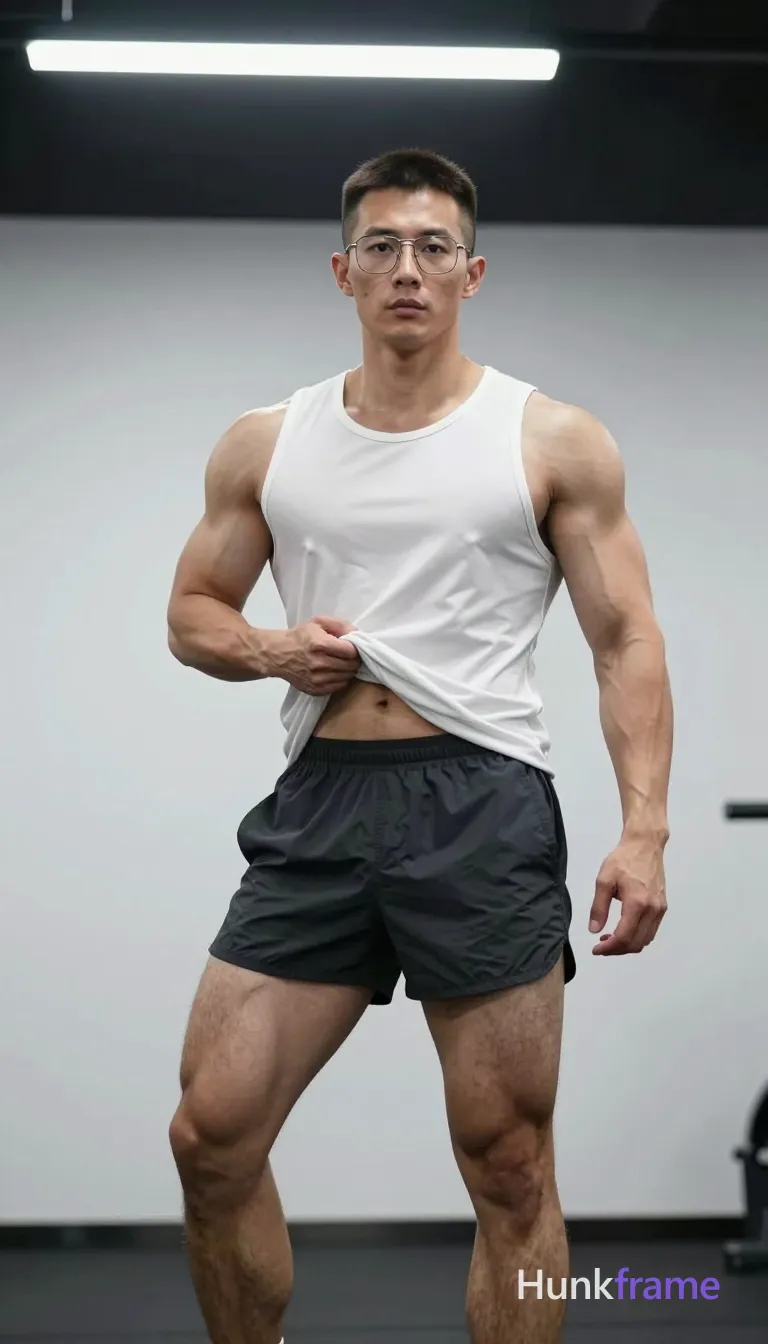 an anonymous figure man with light to medium tan skin and a short dark brown buzz cut wearing rectangular metal frame glasses with thin rims; He stands in an indoor gym setting, left leg forward, torso angled toward camera while right hand pulls up white sleeveless athletic tank top at waistline exposing lower abdomen and hips; Dark gray or black athletic shorts end mid-thigh showing visible leg hair on both legs; Overhead fluorescent strip lighting creates high contrast with soft shadows under arms; Full body shot from head to knees centered in frame, sharp focus on sculpted physique of broad shoulders, defined pectorals, vascular arms, thick thighs and well-defined calves; Clean composition minimal distractions; The adult man visibly wears rectangular metal frame glasses with thin rims; clear lenses; preserve the exact frame shape, rim style, color, material, and lens tint; single clean uninterrupted photograph with a cohesive editorial composition and plain continuous surrounding surfaces