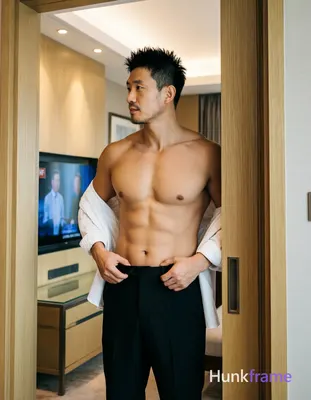 Asian man with short spiky black hair, light-medium skin tone, clean-shaven chin and upper lip with 