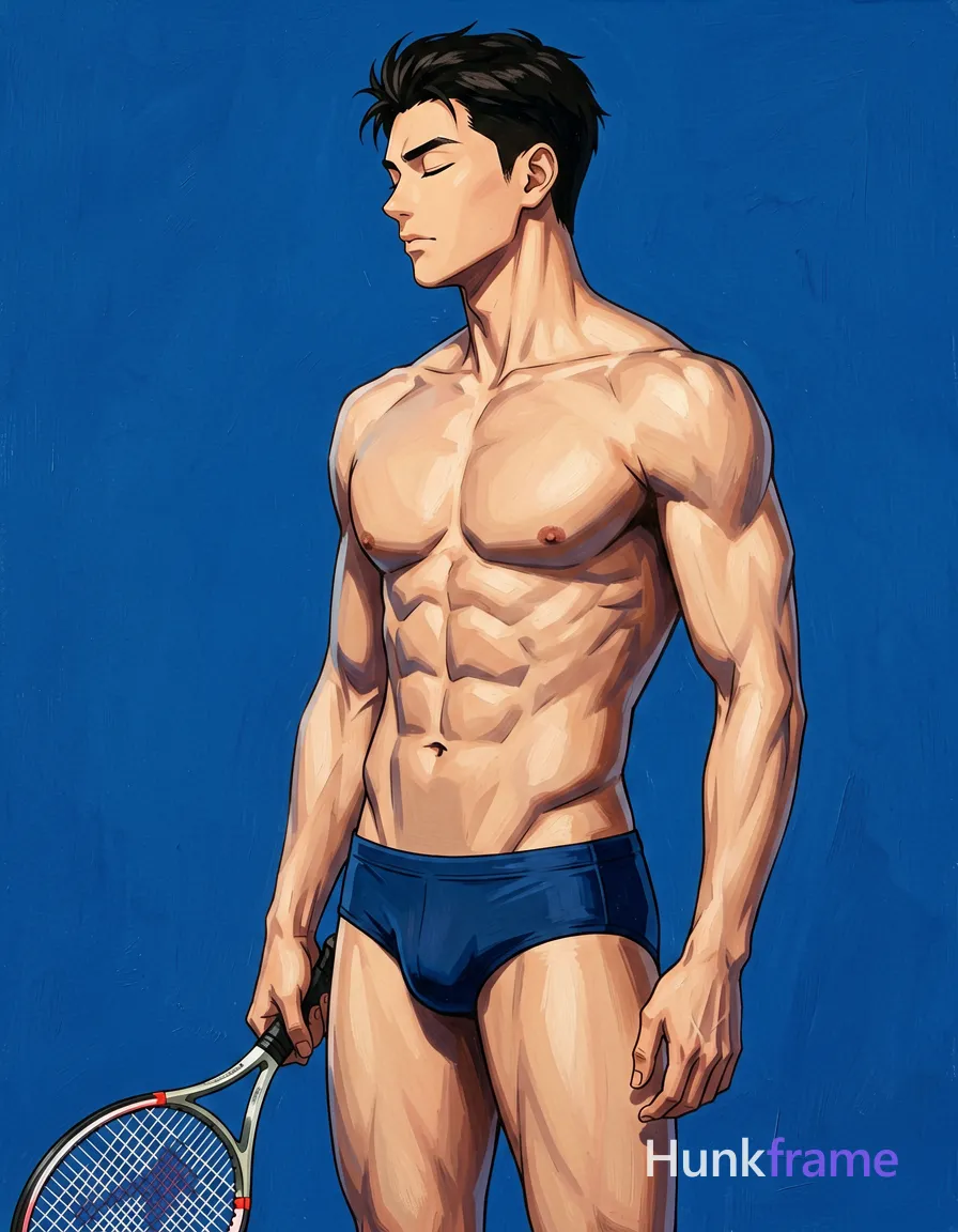 An adult masculine man stands in three-quarter profile facing left, shirtless with a bare chest and defined abdominal muscles. He holds a tennis racket near his waist against a solid royal blue studio backdrop. The image features polished anime-style rendering with expressive closed eyes and athletic anatomy within stylized painterly brushwork. High-contrast color blocking defines geometric shading on musculature in this vertical portrait., wearing underwear or swim trunks, covered genitals, no frontal nudity, a single uninterrupted photograph only, no written words or typography anywhere in frame, no captions, no app UI, no social-media post layout, no screenshot borders