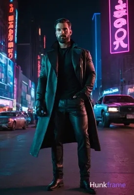 In a neon-lit street, an athletic man with short dark hair and a beard stands in