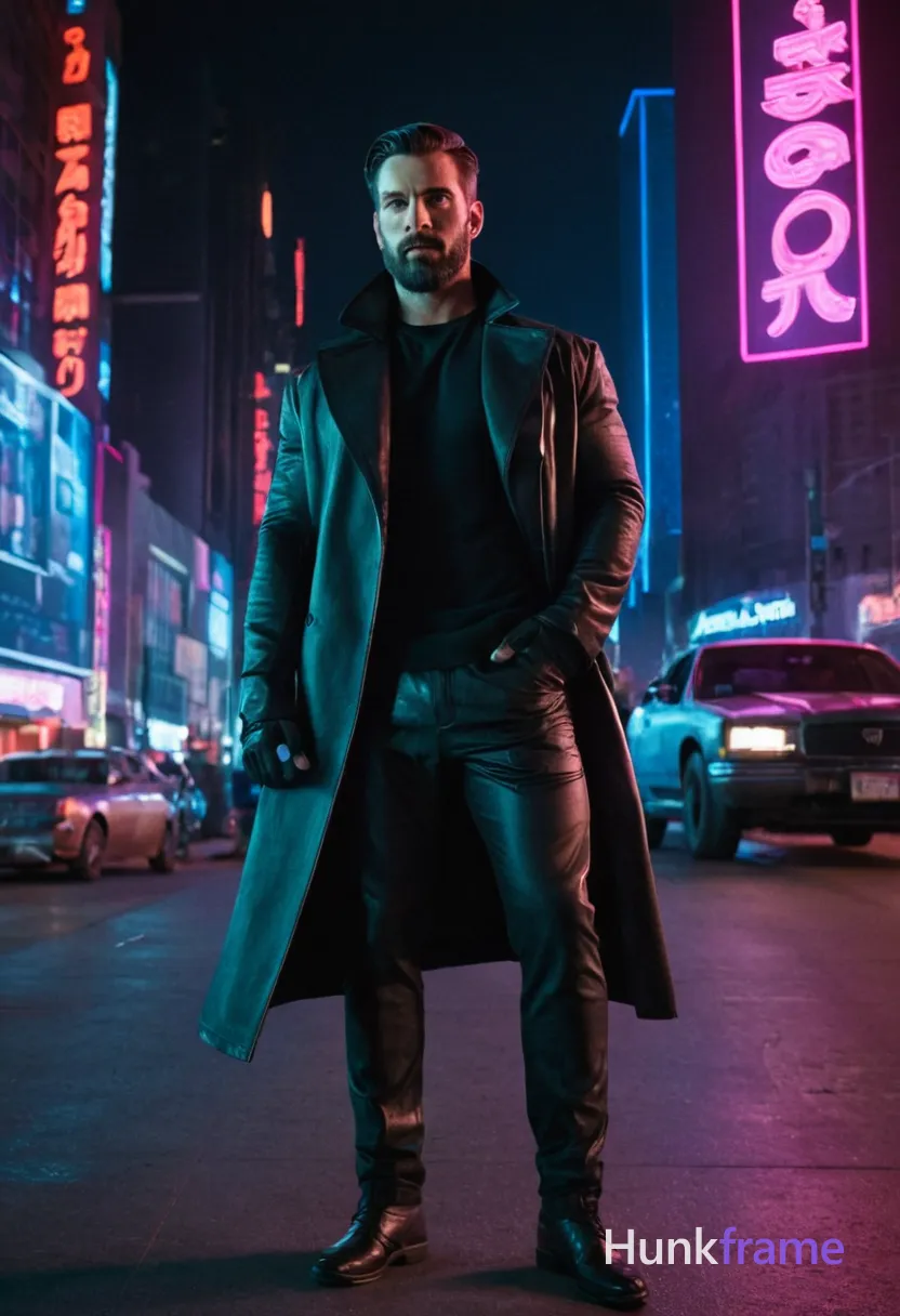 In a neon-lit street, an athletic man with short dark hair and a beard stands in a full-body pose. His leather attire includes a long coat and tight pants, complementing his muscular physique. The background showcases towering skyscrapers and holographic signs, creating a high-tech urban environment. Soft window light from nearby buildings highlights the subtle film grain on his skin, enhancing the moody atmosphere of the night scene