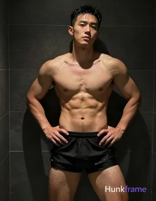 Asian man with light to medium tan skin glistening from water droplets, standing in a dark tiled sho