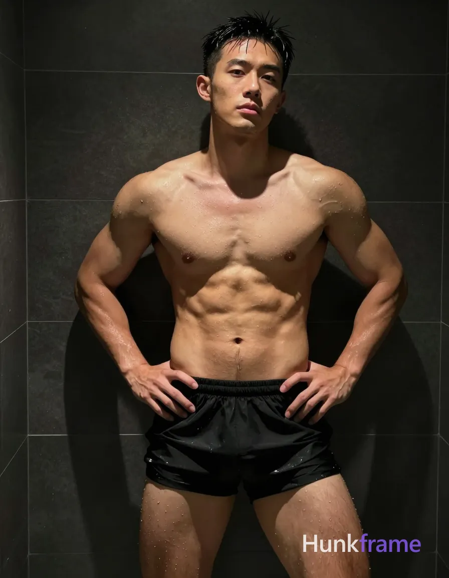 Asian man with light to medium tan skin glistening from water droplets, standing in a dark tiled shower; He is shirtless wearing black athletic-style shorts, torso angled slightly right with left hand on hip and right arm extended holding the camera for a selfie angle; Broad shoulders, defined pectorals, six-pack abs, and thick thighs are sculpted by dramatic overhead lighting creating wet highlights against deep shadows; High-contrast fine-art photography capturing broad shoulders, defined pectorals, six-pack abs, thick thighs partially visible under black shorts with minimal chest hair above the left nipple; Neutral contemplative gaze directed off-camera, clean-shaven face with slicked-back short black hair tousled by running water; Vertical portrait composition filling frame from head to mid-thighs; single clean uninterrupted photograph with a cohesive editorial composition and plain continuous surrounding surfaces