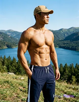 A muscular adult man stands in profile facing right on a grassy hillside left hand in pocket of dark